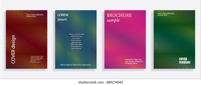 Minimalistic cover design templates. Set of layouts for covers of books, albums, notebooks, reports, magazines. Line halftone gradient effect, flat modern abstract design. Geometric mock-up texture