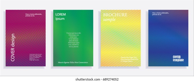 Minimalistic cover design templates. Set of layouts for covers of books, albums, notebooks, reports, magazines. Line halftone gradient effect, flat modern abstract design. Geometric mock-up texture