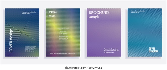 Minimalistic cover design templates. Set of layouts for covers of books, albums, notebooks, reports, magazines. Line halftone gradient effect, flat modern abstract design. Geometric mock-up texture