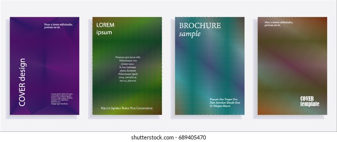 Minimalistic cover design templates. Set of layouts for covers of books, albums, notebooks, reports, magazines. Line halftone gradient effect, flat modern abstract design. Geometric mock-up texture
