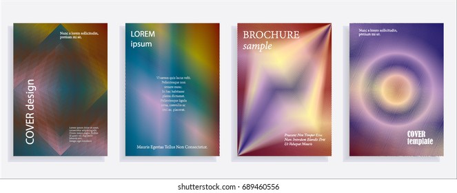 Minimalistic cover design templates. Set of layouts for covers of books, albums, notebooks, reports, magazines. Line halftone gradient effect, flat modern abstract design. Geometric mock-up texture