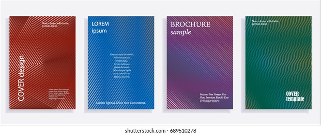Minimalistic cover design templates. Set of layouts for covers of books, albums, notebooks, reports, magazines. Line halftone gradient effect, flat modern abstract design. Geometric mock-up texture