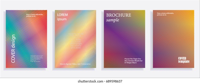 Plantillas de diseño de portada minimalistas. Conjunto de diseños para portadas de libros, álbumes, cuadernos, reportes, revistas. Efecto degradado de semitonos de línea, diseño abstracto moderno plano. Textura geométrica simulada