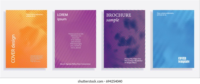Minimalistic cover design templates. Set of layouts for covers of books, albums, notebooks, reports, magazines. Line halftone gradient effect, flat modern abstract design. Geometric texture