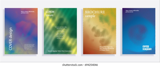 Minimalistic cover design templates. Set of layouts for covers of books, albums, notebooks, reports, magazines. Line halftone gradient effect, flat modern abstract design. Geometric texture