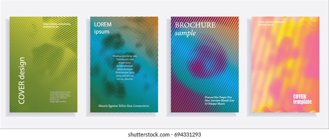 Minimalistic cover design templates. Set of layouts for covers of books, albums, notebooks, reports, magazines. Line halftone gradient effect, flat modern abstract design. Geometric mock-up texture