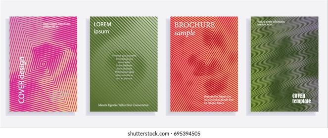Minimalistic cover design templates. Set of layouts for covers of books, albums, notebooks, reports, magazines. Line halftone gradient effect, flat modern abstract design. Geometric mock-up texture