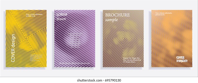 Minimalistic cover design templates. Set of layouts for covers of books, albums, notebooks, reports, magazines. Line halftone gradient effect, flat modern abstract design. Geometric mock-up texture