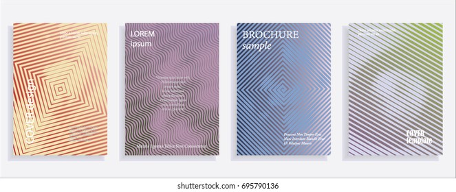 Minimalistic cover design templates. Set of layouts for covers of books, albums, notebooks, reports, magazines. Line halftone gradient effect, flat modern abstract design. Geometric mock-up texture