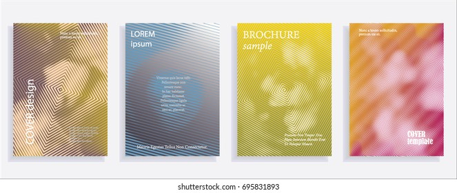 Minimalistic cover design templates. Set of layouts for covers of books, albums, notebooks, reports, magazines. Line halftone gradient effect, flat modern abstract design. Geometric mock-up texture