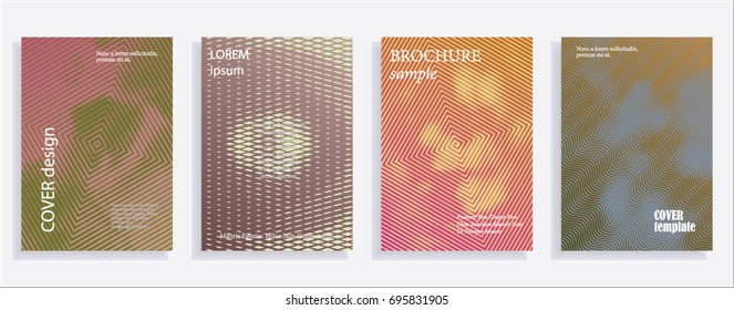 Minimalistic cover design templates. Set of layouts for covers of books, albums, notebooks, reports, magazines. Line halftone gradient effect, flat modern abstract design. Geometric mock-up texture