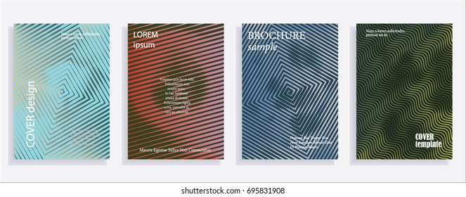 Minimalistic cover design templates. Set of layouts for covers of books, albums, notebooks, reports, magazines. Line halftone gradient effect, flat modern abstract design. Geometric mock-up texture