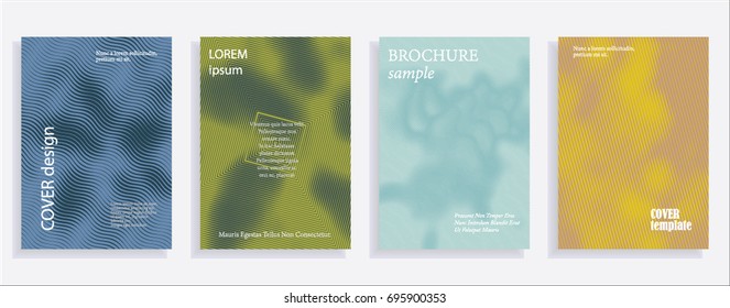 Minimalistic cover design templates. Set of layouts for covers of books, albums, notebooks, reports, magazines. Line halftone gradient effect, flat modern abstract design. Geometric mock-up texture