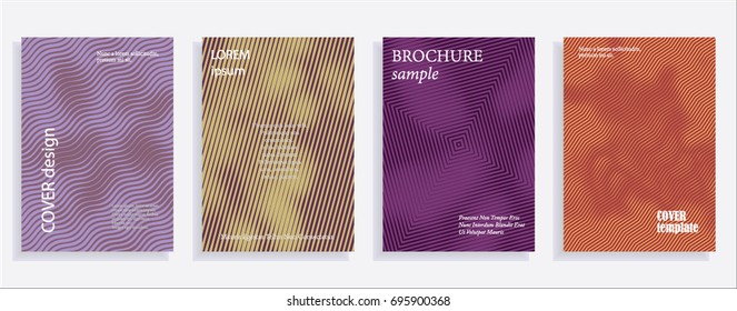 Minimalistic cover design templates. Set of layouts for covers of books, albums, notebooks, reports, magazines. Line halftone gradient effect, flat modern abstract design. Geometric mock-up texture