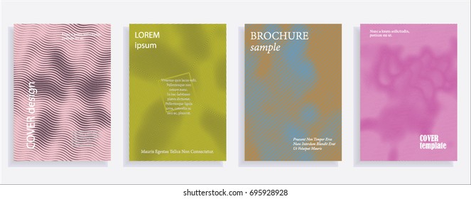 Minimalistic cover design templates. Set of layouts for covers of books, albums, notebooks, reports, magazines. Line halftone gradient effect, flat modern abstract design. Geometric mock-up texture