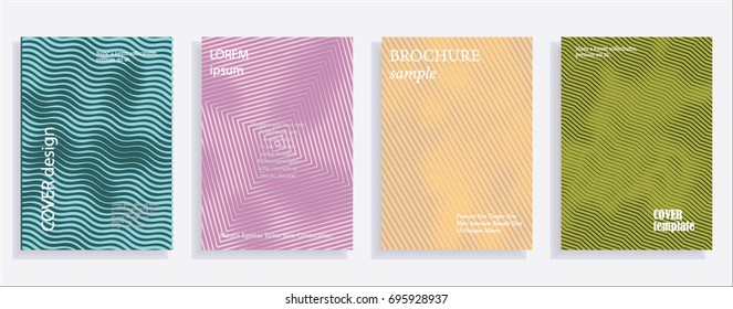 Minimalistic cover design templates. Set of layouts for covers of books, albums, notebooks, reports, magazines. Line halftone gradient effect, flat modern abstract design. Geometric mock-up texture