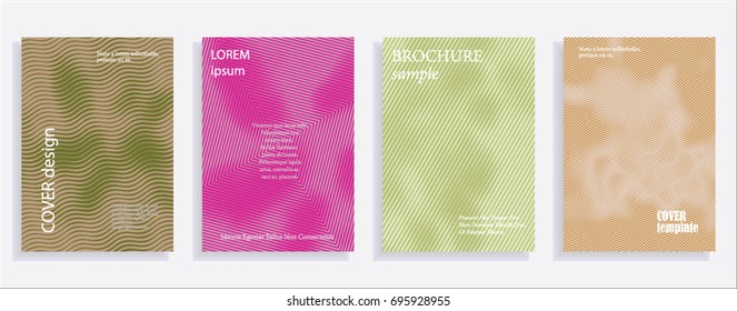 Minimalistic cover design templates. Set of layouts for covers of books, albums, notebooks, reports, magazines. Line halftone gradient effect, flat modern abstract design. Geometric mock-up texture