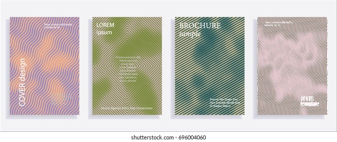 Minimalistic cover design templates. Set of layouts for covers of books, albums, notebooks, reports, magazines. Line halftone gradient effect, flat modern abstract design. Geometric mock-up texture