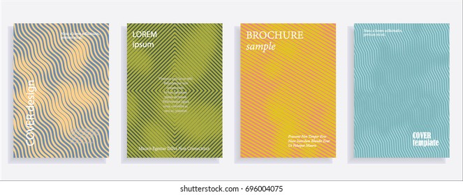 Minimalistic cover design templates. Set of layouts for covers of books, albums, notebooks, reports, magazines. Line halftone gradient effect, flat modern abstract design. Geometric mock-up texture