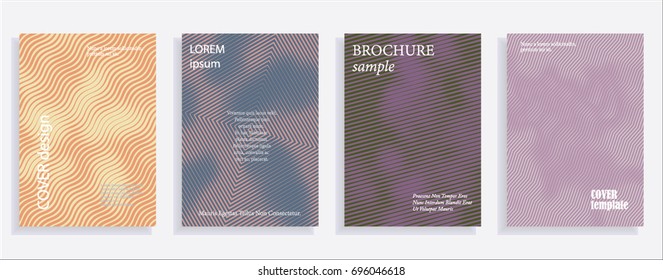 Minimalistic cover design templates. Set of layouts for covers of books, albums, notebooks, reports, magazines. Line halftone gradient effect, flat modern abstract design. Geometric mock-up texture