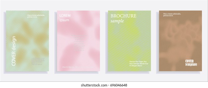 Minimalistic cover design templates. Set of layouts for covers of books, albums, notebooks, reports, magazines. Line halftone gradient effect, flat modern abstract design. Geometric mock-up texture