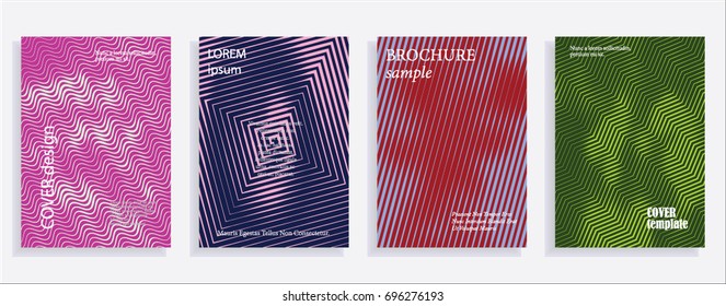 Minimalistic cover design templates. Set of layouts for covers of books, albums, notebooks, reports, magazines. Line halftone gradient effect, flat modern abstract design. Geometric mock-up texture