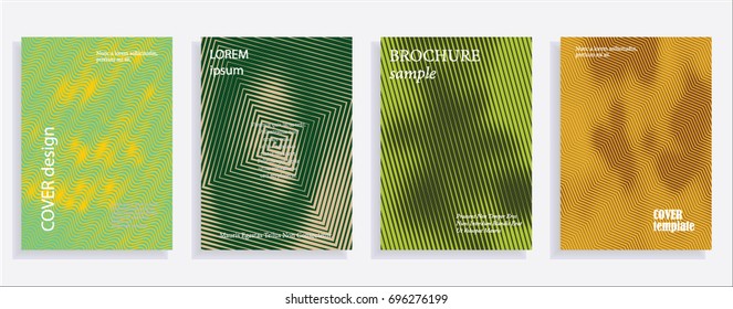 Minimalistic cover design templates. Set of layouts for covers of books, albums, notebooks, reports, magazines. Line halftone gradient effect, flat modern abstract design. Geometric mock-up texture