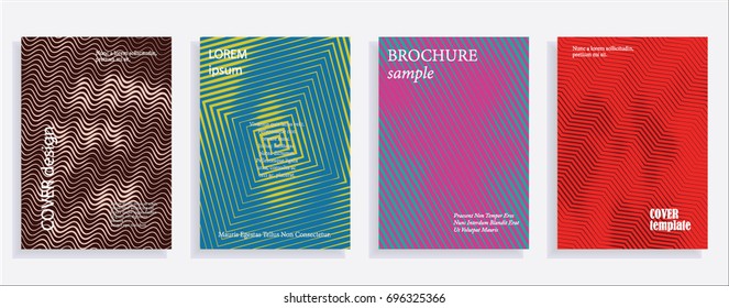 Minimalistic cover design templates. Set of layouts for covers of books, albums, notebooks, reports, magazines. Line halftone gradient effect, flat modern abstract design. Geometric mock-up texture