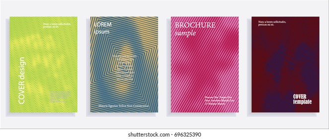 Minimalistic cover design templates. Set of layouts for covers of books, albums, notebooks, reports, magazines. Line halftone gradient effect, flat modern abstract design. Geometric mock-up texture