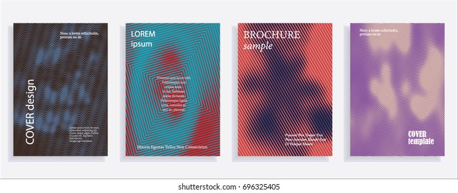 Minimalistic cover design templates. Set of layouts for covers of books, albums, notebooks, reports, magazines. Line halftone gradient effect, flat modern abstract design. Geometric mock-up texture