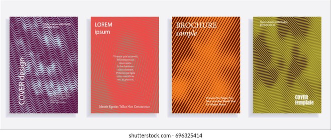 Minimalistic cover design templates. Set of layouts for covers of books, albums, notebooks, reports, magazines. Line halftone gradient effect, flat modern abstract design. Geometric mock-up texture
