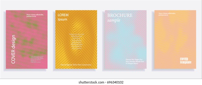 Minimalistic cover design templates. Set of layouts for covers of books, albums, notebooks, reports, magazines. Line halftone gradient effect, flat modern abstract design. Geometric mock-up texture