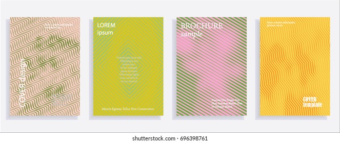 Minimalistic cover design templates. Set of layouts for covers of books, albums, notebooks, reports, magazines. Line halftone gradient effect, flat modern abstract design. Geometric mock-up texture