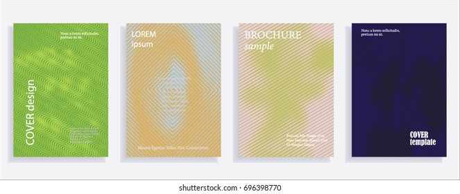Minimalistic cover design templates. Set of layouts for covers of books, albums, notebooks, reports, magazines. Line halftone gradient effect, flat modern abstract design. Geometric mock-up texture