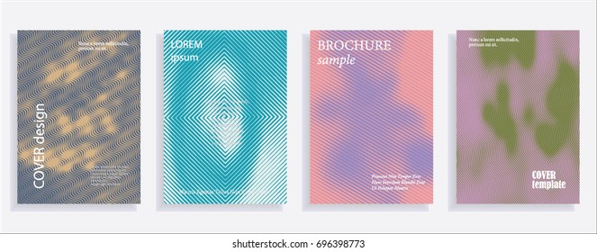 Minimalistic cover design templates. Set of layouts for covers of books, albums, notebooks, reports, magazines. Line halftone gradient effect, flat modern abstract design. Geometric mock-up texture