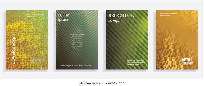 Minimalistic cover design templates. Set of layouts for covers of books, albums, notebooks, reports, magazines. Line halftone gradient effect, flat modern abstract design. Geometric mock-up texture