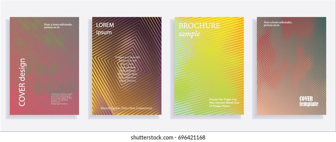 Minimalistic cover design templates. Set of layouts for covers of books, albums, notebooks, reports, magazines. Line halftone gradient effect, flat modern abstract design. Geometric mock-up texture