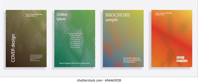 Minimalistic cover design templates. Set of layouts for covers of books, albums, notebooks, reports, magazines. Line halftone gradient effect, flat modern abstract design. Geometric mock-up texture