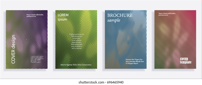 Minimalistic cover design templates. Set of layouts for covers of books, albums, notebooks, reports, magazines. Line halftone gradient effect, flat modern abstract design. Geometric mock-up texture