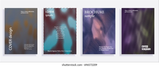 Minimalistic cover design templates. Set of layouts for covers of books, albums, notebooks, reports, magazines. Line halftone gradient effect, flat modern abstract design. Geometric mock-up texture