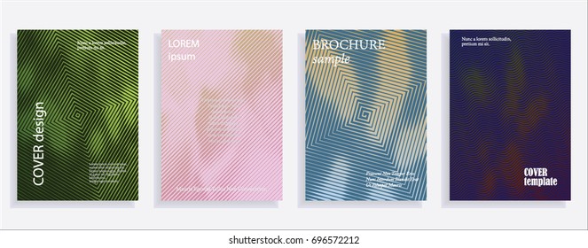 Minimalistic cover design templates. Set of layouts for covers of books, albums, notebooks, reports, magazines. Line halftone gradient effect, flat modern abstract design. Geometric mock-up texture