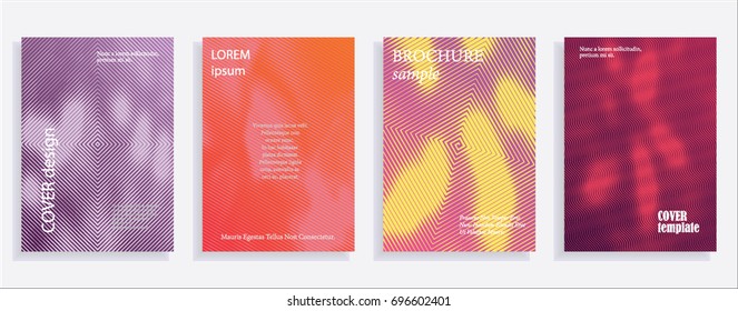 Minimalistic cover design templates. Set of layouts for covers of books, albums, notebooks, reports, magazines. Line halftone gradient effect, flat modern abstract design. Geometric mock-up texture