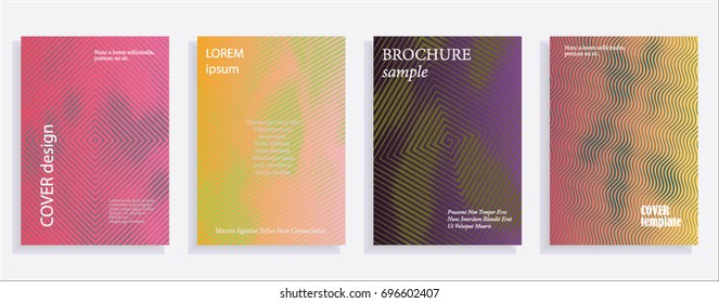 Minimalistic cover design templates. Set of layouts for covers of books, albums, notebooks, reports, magazines. Line halftone gradient effect, flat modern abstract design. Geometric mock-up texture