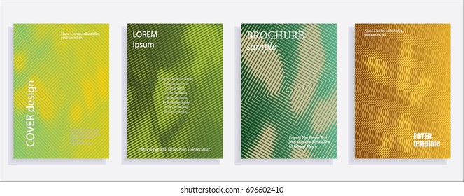Minimalistic cover design templates. Set of layouts for covers of books, albums, notebooks, reports, magazines. Line halftone gradient effect, flat modern abstract design. Geometric mock-up texture