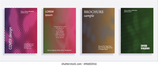 Minimalistic cover design templates. Set of layouts for covers of books, albums, notebooks, reports, magazines. Line halftone gradient effect, flat modern abstract design. Geometric mock-up texture