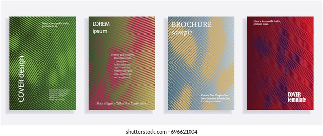 Minimalistic cover design templates. Set of layouts for covers of books, albums, notebooks, reports, magazines. Line halftone gradient effect, flat modern abstract design. Geometric mock-up texture