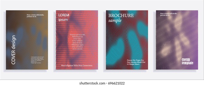 Minimalistic cover design templates. Set of layouts for covers of books, albums, notebooks, reports, magazines. Line halftone gradient effect, flat modern abstract design. Geometric mock-up texture