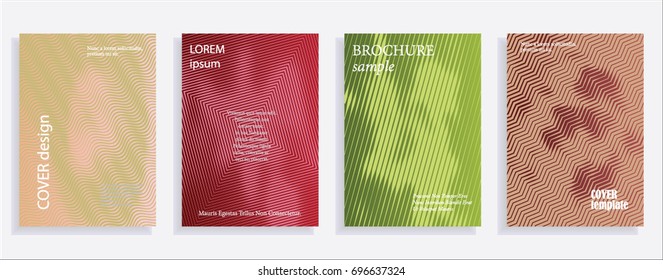 Minimalistic cover design templates. Set of layouts for covers of books, albums, notebooks, reports, magazines. Line halftone gradient effect, flat modern abstract design. Geometric mock-up texture