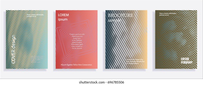 Minimalistic cover design templates. Set of layouts for covers of books, albums, notebooks, reports, magazines. Line halftone gradient effect, flat modern abstract design. Geometric mock-up texture