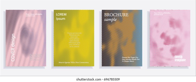 Minimalistic cover design templates. Set of layouts for covers of books, albums, notebooks, reports, magazines. Line halftone gradient effect, flat modern abstract design. Geometric mock-up texture